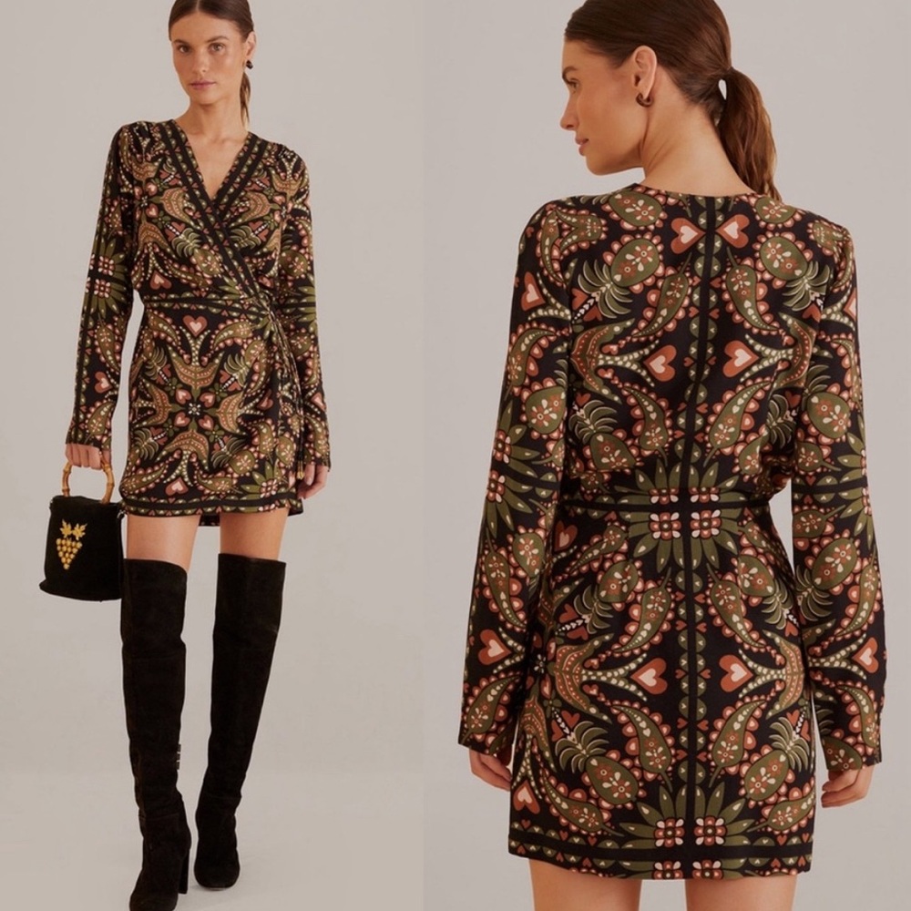 FARM Rio Black Martina Scarf Long Sleeve Wrap Mini Dress